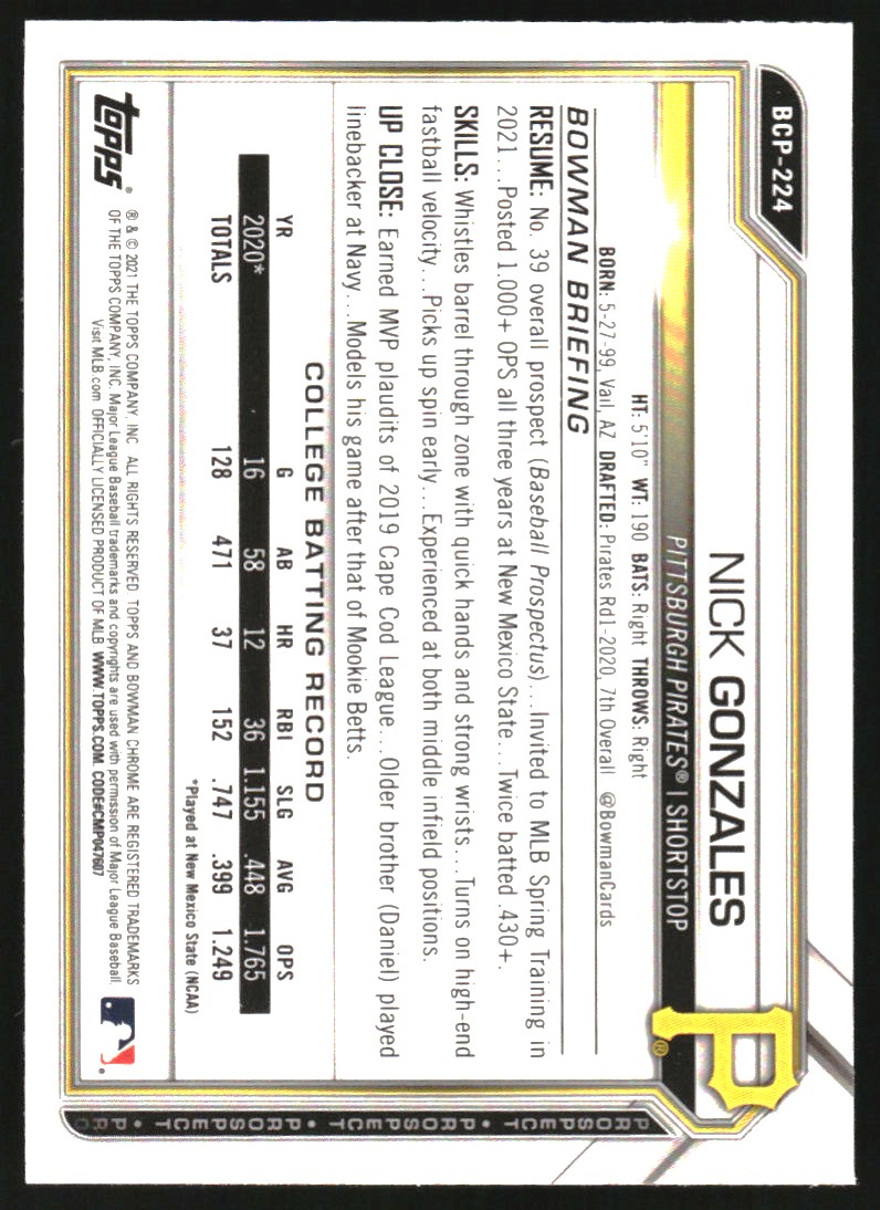 2021 Bowman Chrome Prospects Black and White Mini-Diamond Refractors #BCP224 Nick Gonzales