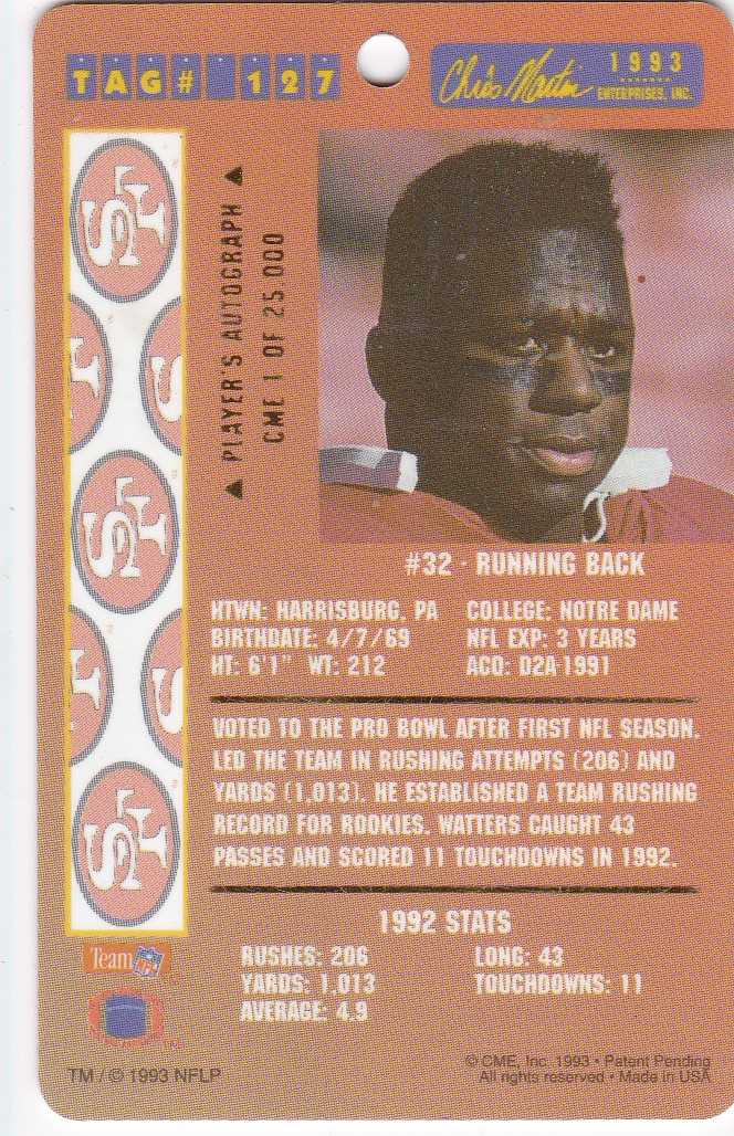1993 Dog Tags #127 Ricky Watters back image