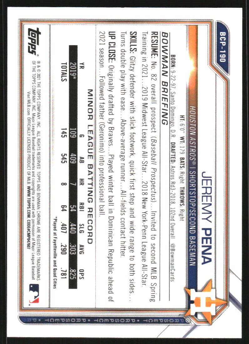 2021 Bowman Chrome Prospects Speckle Refractors #BCP190 Jeremy Pena