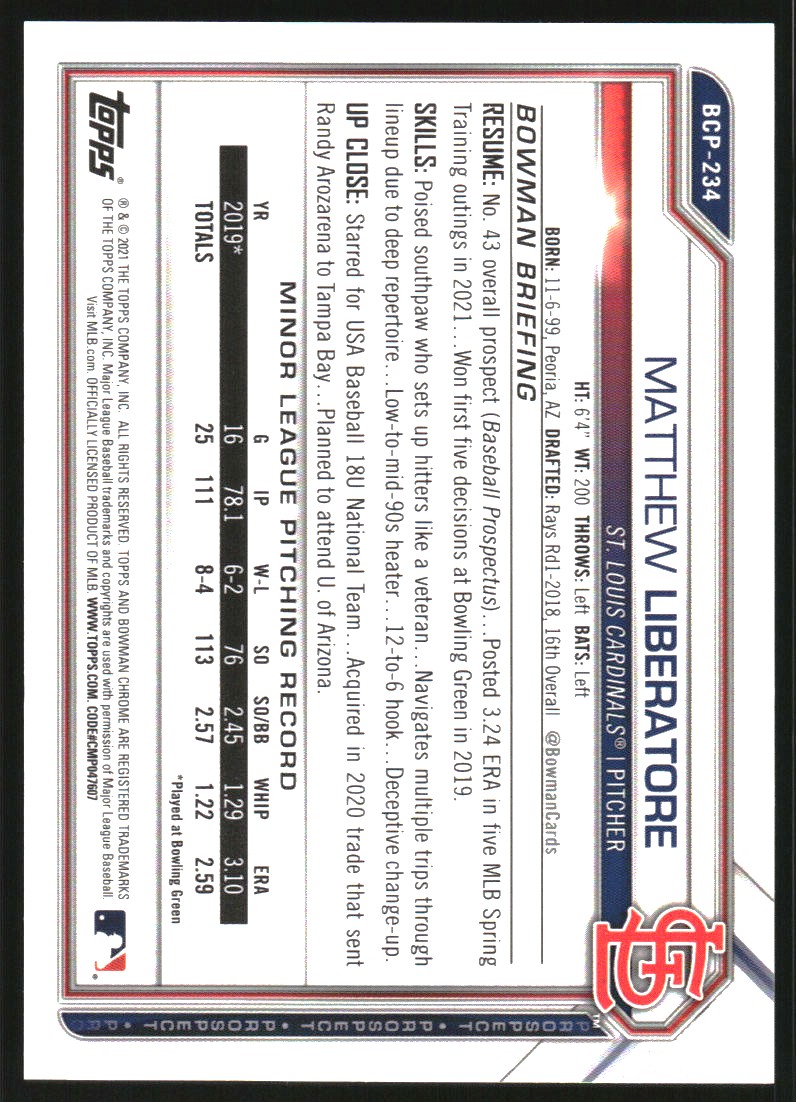 2021 Bowman Chrome Prospects Purple Refractors #BCP234 Matthew Liberatore