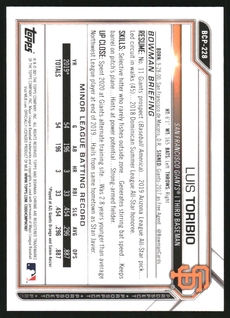 2021 Bowman Chrome Prospects Purple Shimmer Refractors #BCP228 Luis Toribio