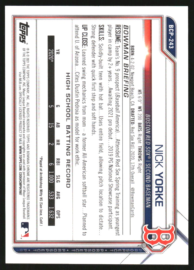 2021 Bowman Chrome Prospects Purple Shimmer Refractors #BCP243 Nick Yorke