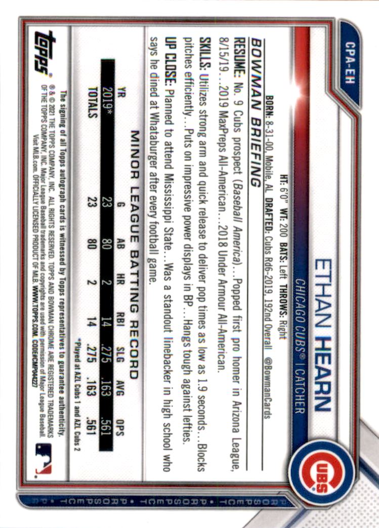 2021 Bowman Chrome Prospect Autographs #CPAEH Ethan Hearn
