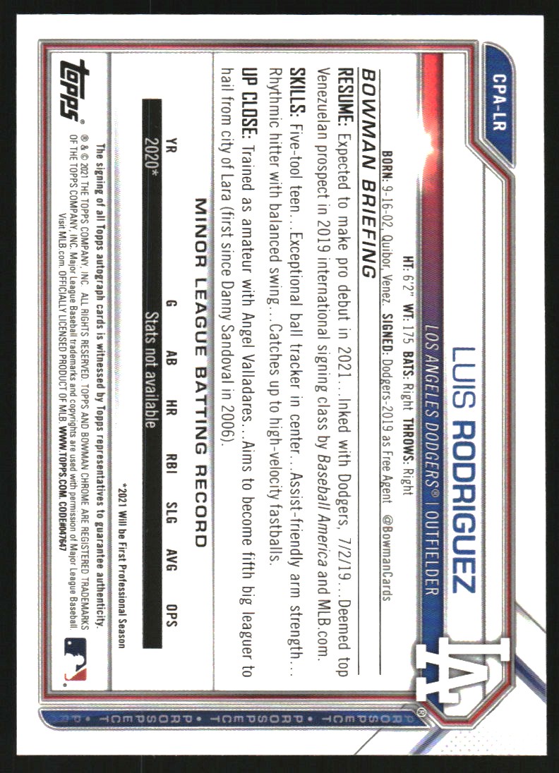 2021 Bowman Chrome Prospect Autographs #CPALR Luis Rodriguez