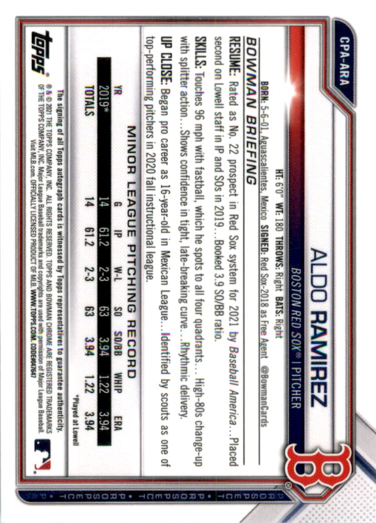 2021 Bowman Chrome Prospect Autographs Speckle Refractors #CPAARA Aldo Ramirez