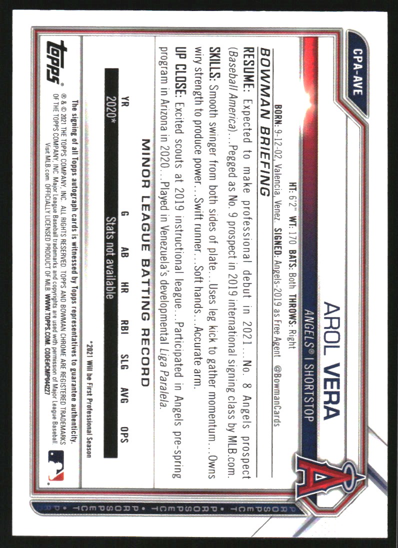 2021 Bowman Chrome Prospect Autographs Speckle Refractors #CPAAVE Arol Vera