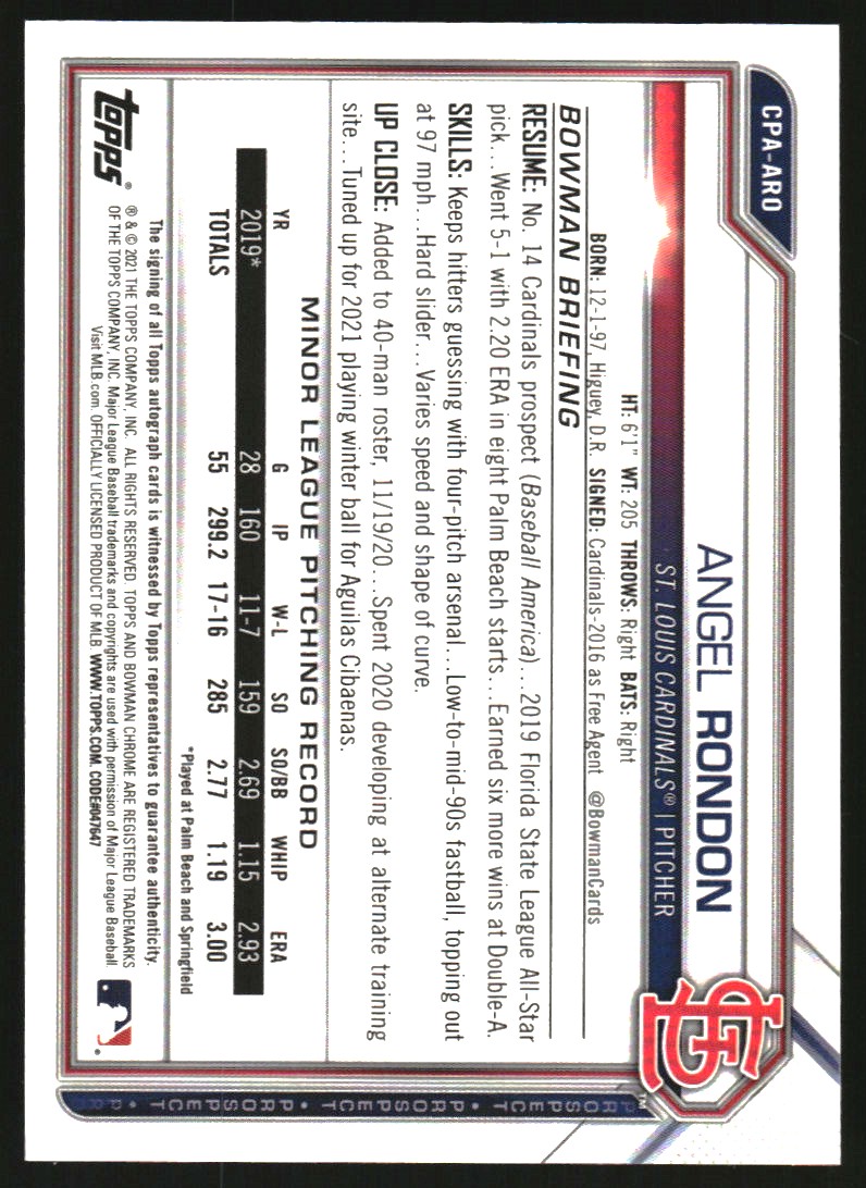 2021 Bowman Chrome Prospect Autographs Speckle Refractors #CPAARO Angel Rondon