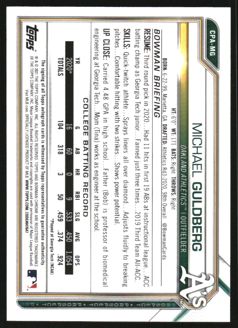 2021 Bowman Chrome Prospect Autographs Speckle Refractors #CPAMG Michael Guldberg