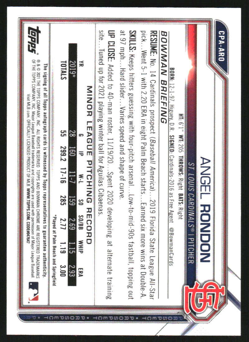 2021 Bowman Chrome Prospect Autographs Purple Refractors #CPAARO Angel Rondon