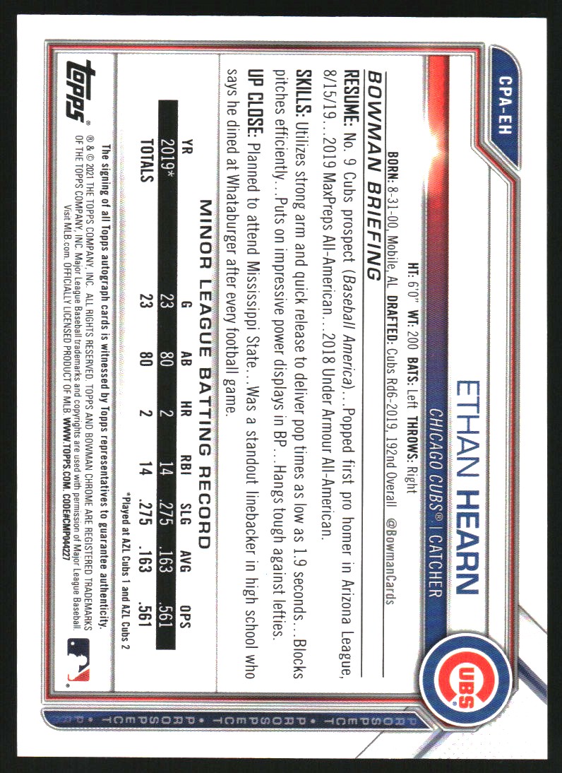 2021 Bowman Chrome Prospect Autographs Purple Refractors #CPAEH Ethan Hearn