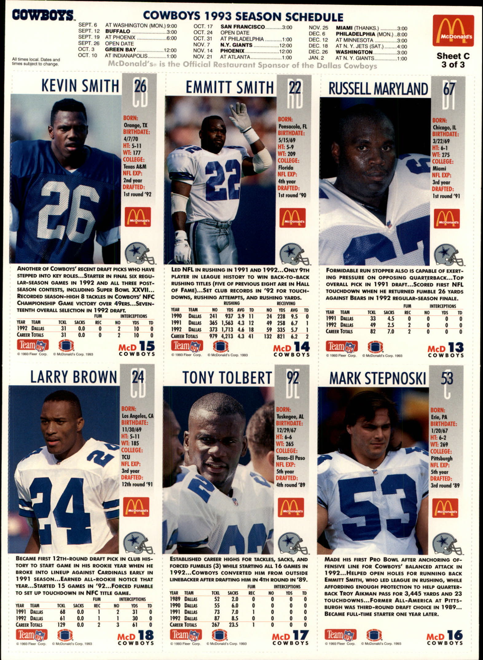 1993 McDonald's GameDay #21 Dallas Cowboys C back image