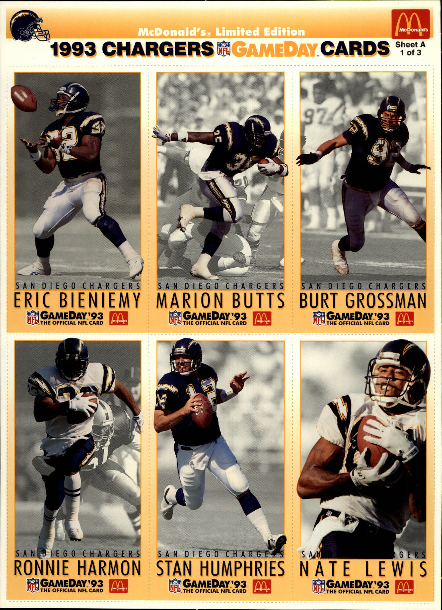 mcdonald's limited edition 1993 gameday cards McDonald's Limited Edition 1993 NFL GameDay Collector Cards Sheet B 2 — The  Pop Culture Antique Museum main image 0
