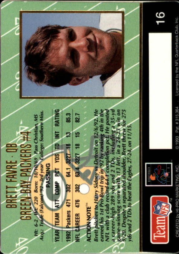 1993 Action Packed #16 Brett Favre back image