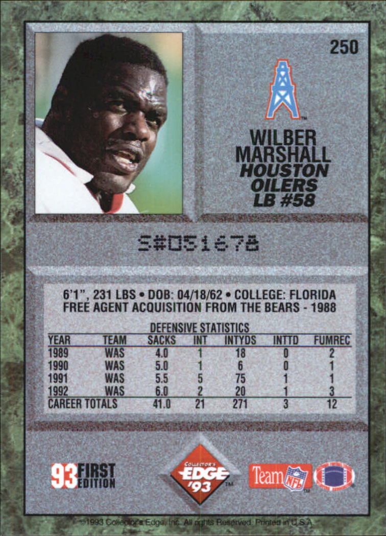 1993 Collector's Edge #250 Wilber Marshall back image