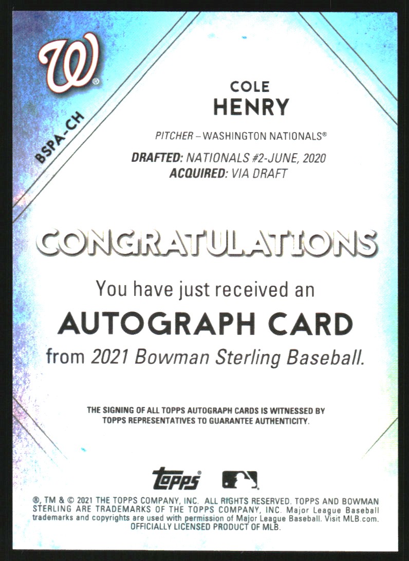 2021 Bowman Sterling Prospect Autographs Wave Refractors #BSPACH Cole Henry