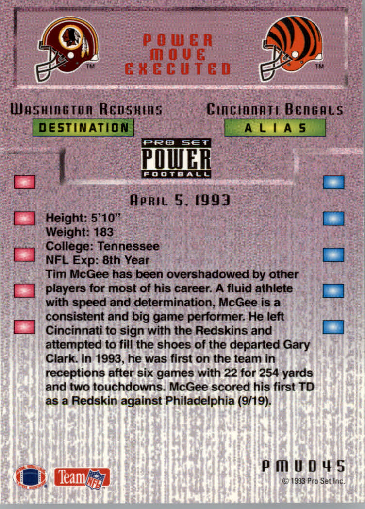 1993 Power Update Moves Gold #45 Tim McGee back image