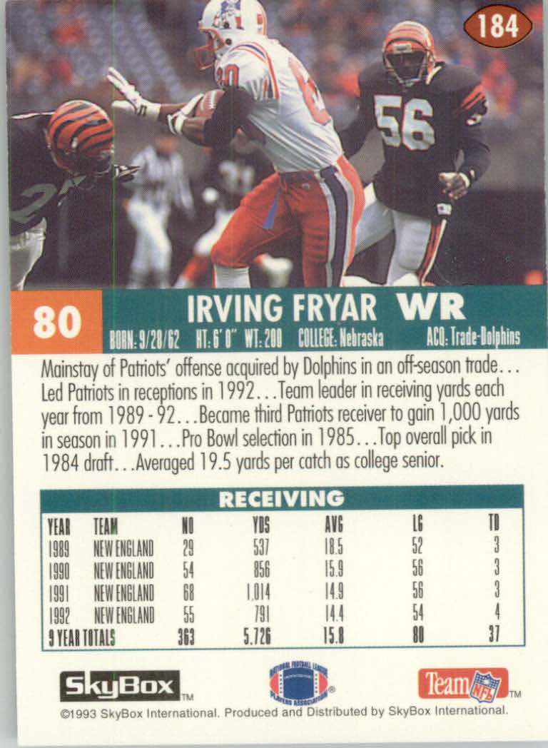 1993 SkyBox Impact Colors #184 Irving Fryar back image