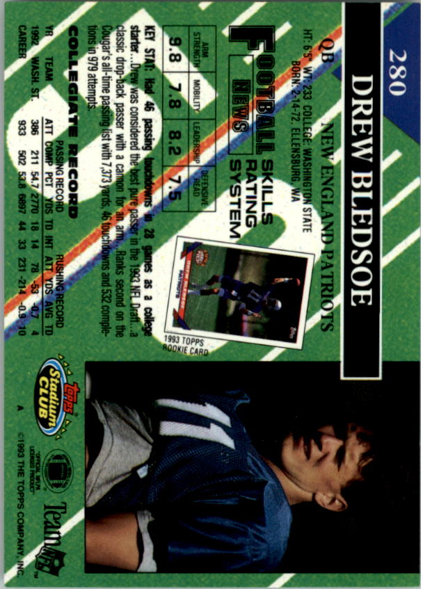 1993 Stadium Club #280B Drew Bledsoe RC COR/(draft pick logo on front) back image