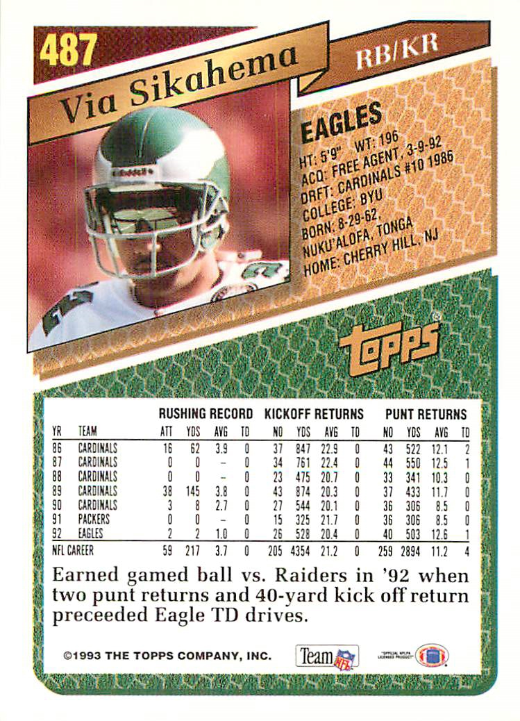 : 1990 Topps #442 Vai Sikahema Cardinals NFL Football Card NM-MT  : Collectibles & Fine Art