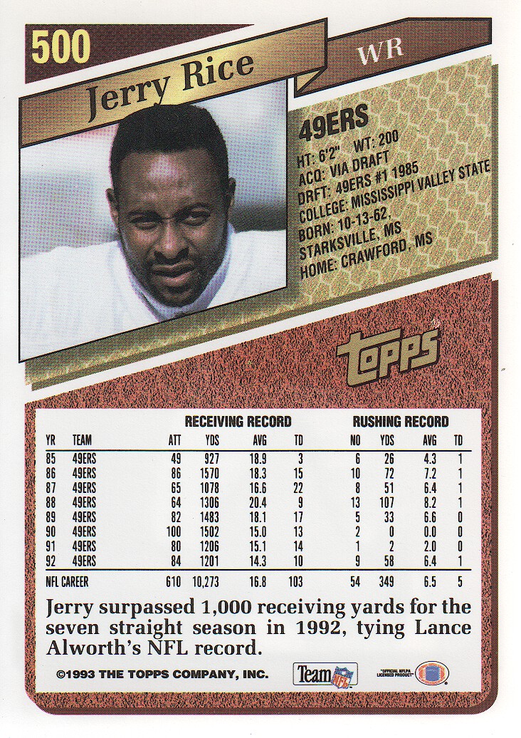 1993 Topps Gold #500 Jerry Rice back image