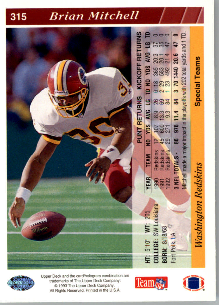 1993 Upper Deck Football "Main Set" Cards #251 to #500 Rookies and Veterans - Picture 130 of 500