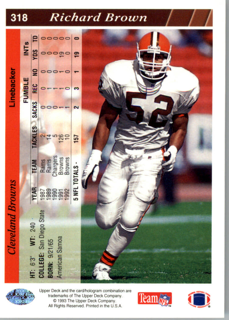 1993 Upper Deck Football "Main Set" Cards #251 to #500 Rookies and Veterans - Picture 136 of 500