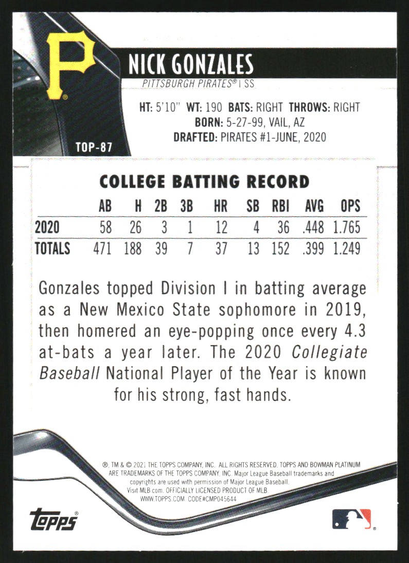 2021 Bowman Platinum Top Prospects Pink #TOP87 Nick Gonzales