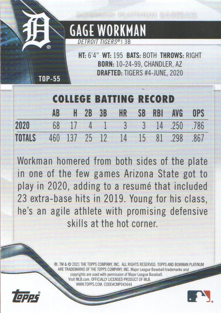 2021 Bowman Platinum Top Prospects Blue #TOP55 Gage Workman back image