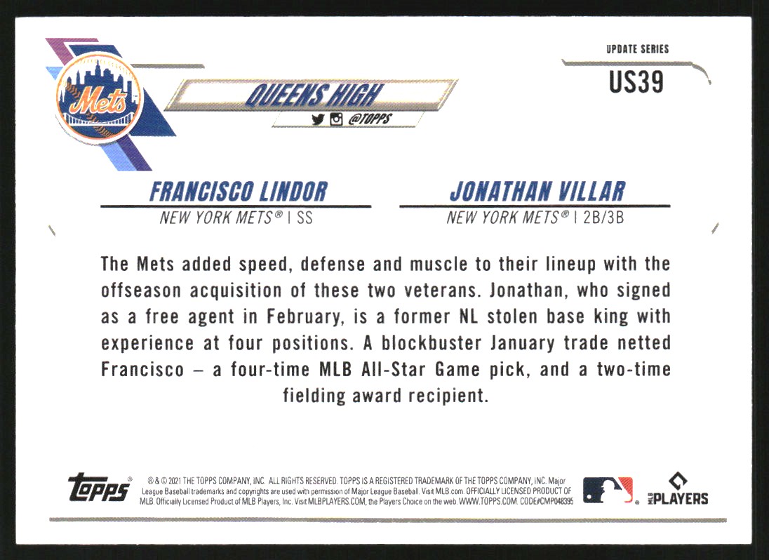 2021 Topps Update Gold Foil #US39 Francisco Lindor/Jonathan Villar