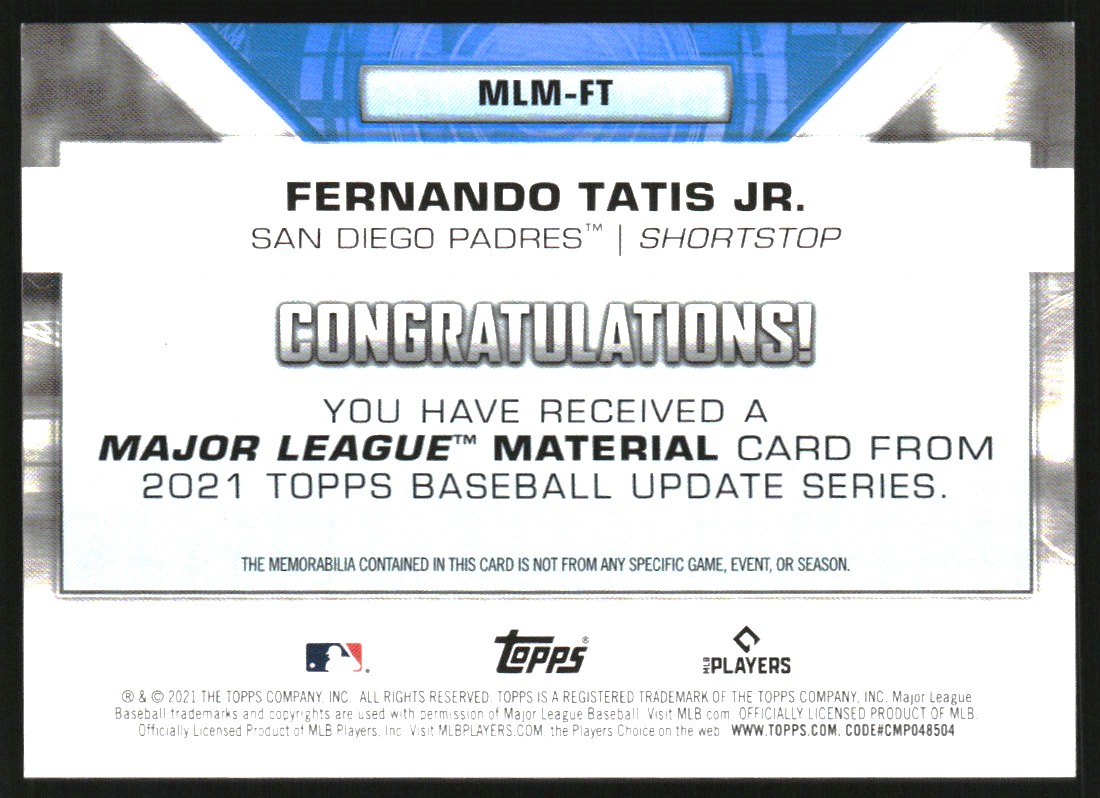2021 Topps Update Major League Materials Black #MLMFT Fernando Tatis Jr.