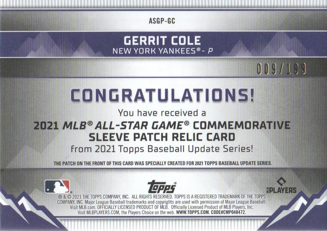 2021 Topps Update All-Star Game Manufactured Sleeve Patches Black #ASGPGC Gerrit Cole back image