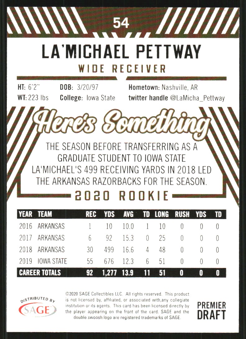 2020 SAGE HIT Green #54 La'Michael Pettway