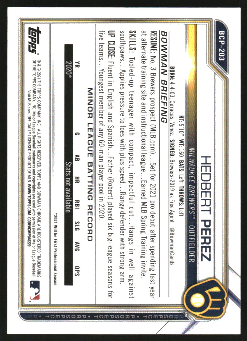 2021 Bowman Chrome Mega Box Prospects Gold Refractors #BCP203 Hedbert Perez
