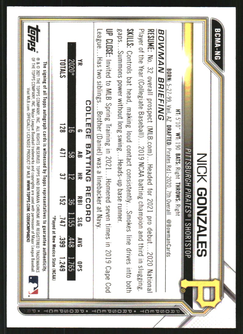 2021 Bowman Chrome Mega Box Prospect Autograph Refractors #BCMANG Nick Gonzales