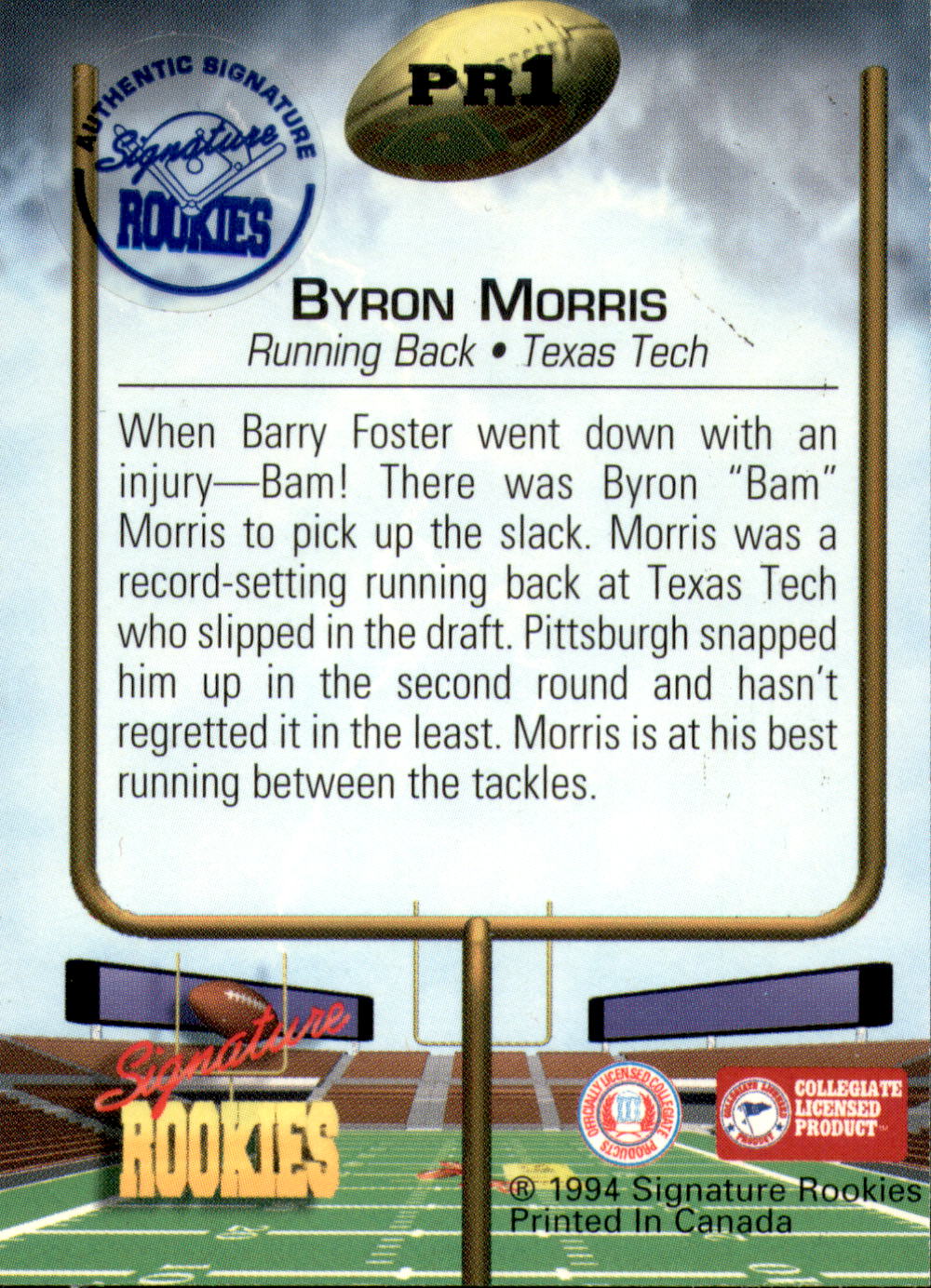 1994 Signature Rookies Autograph Promos #PR1 Byron Bam Morris/1000 back image