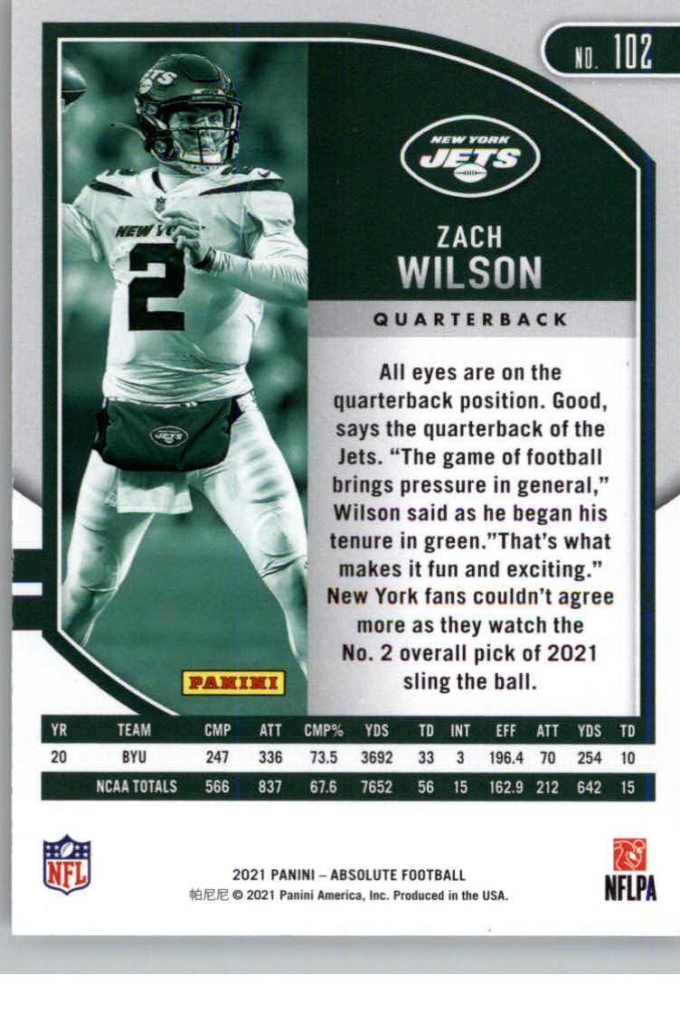 2021 Absolute #102 Zach Wilson RC - NM-MT - Card Shack | Beckett ...