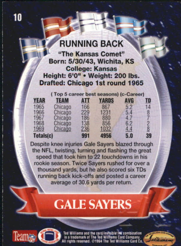 1994 Ted Williams #10 Gale Sayers back image