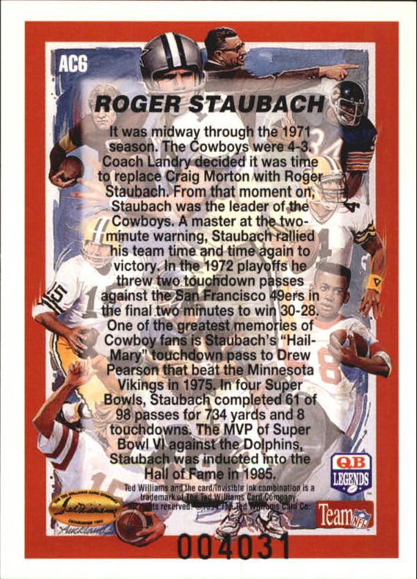 1994 Ted Williams Auckland Collection #AC6 Roger Staubach back image
