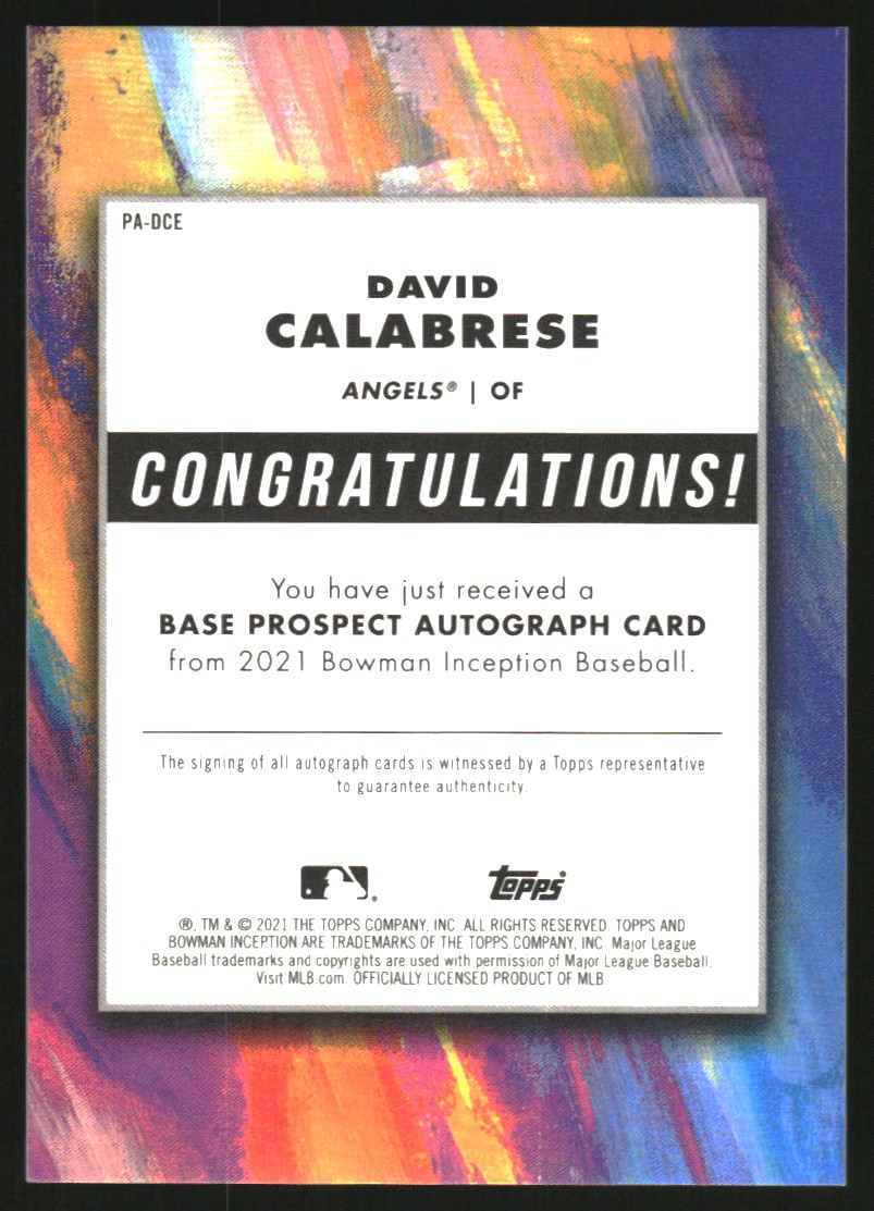 2021 Bowman Inception Autographs #PADCE David Calabrese/600 back image