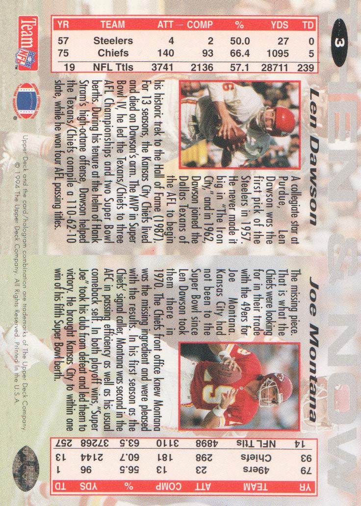 1994 Collector's Choice Then and Now #3 Joe Montana/Len Dawson back image
