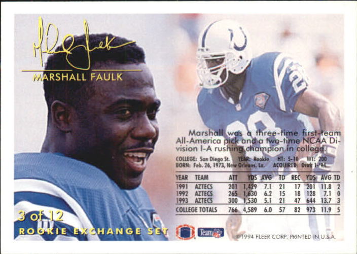 1994 Fleer Rookie Exchange #3 Marshall Faulk back image