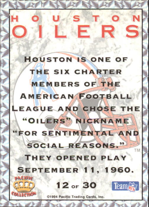 1994 Pacific Prisms Team Helmets #12 Houston Oilers back image
