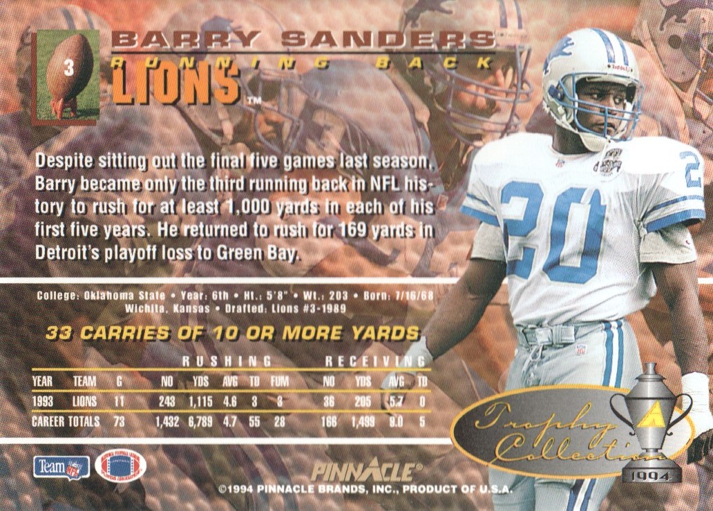 1994 Pinnacle Trophy Collection #3 Barry Sanders back image
