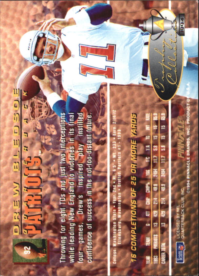 1994 Pinnacle Trophy Collection #92 Drew Bledsoe back image