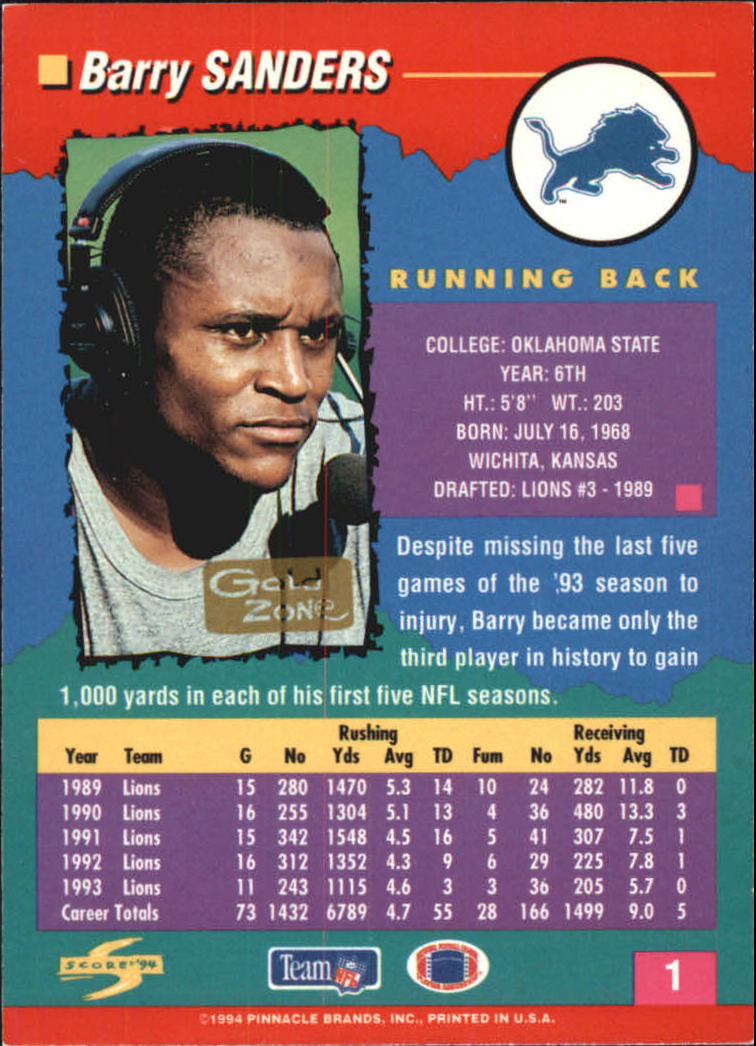 1994 Score Gold Zone #1 Barry Sanders back image