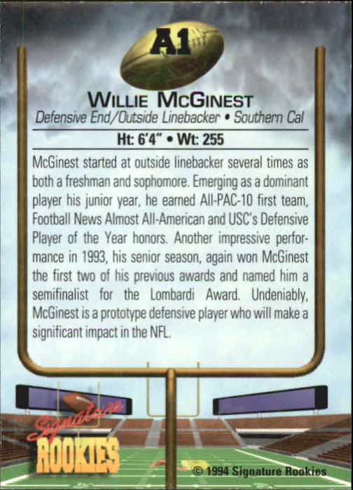 1994 Signature Rookies Hottest Prospects #A1 Willie McGinest back image
