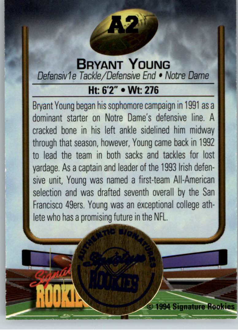 1994 Signature Rookies Hottest Prospects Autographs #A2 Bryant Young back image