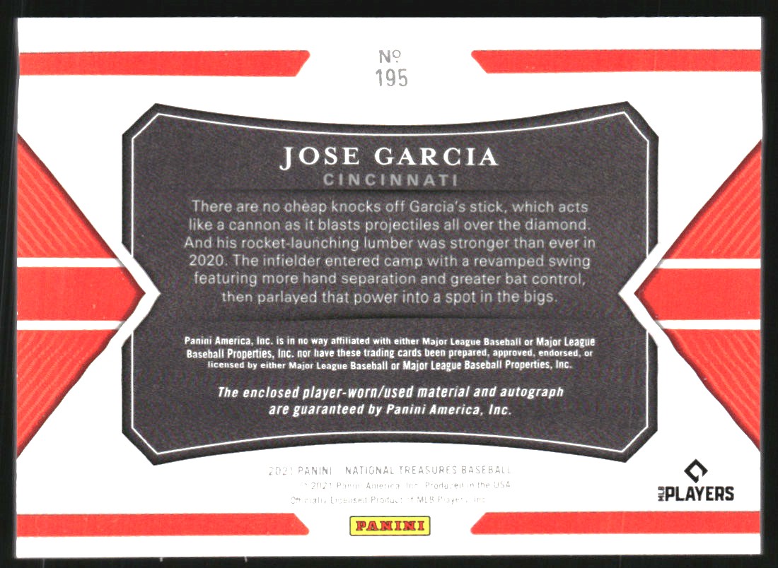 2021 Panini National Treasures #195 Jose Garcia JSY AU/99 RC