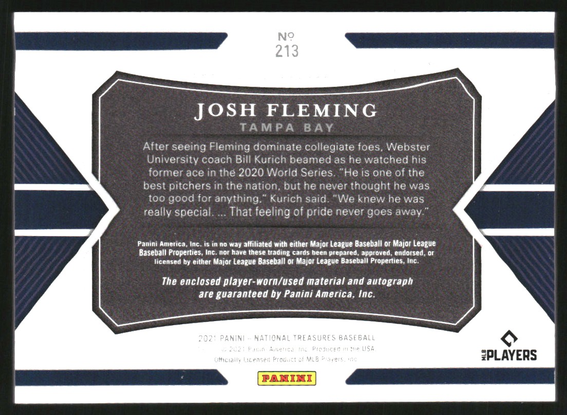 2021 Panini National Treasures #213 Josh Fleming JSY AU/99 RC