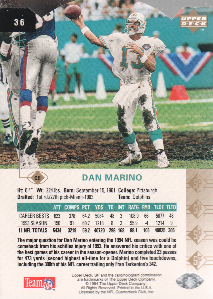 1994 SP Die Cuts #36 Dan Marino back image